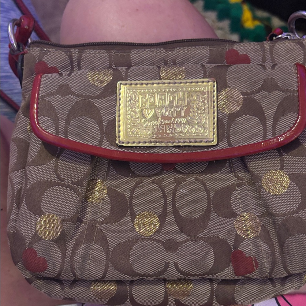 Coach Brown and Red Crossbody Bag with Signature Monogram